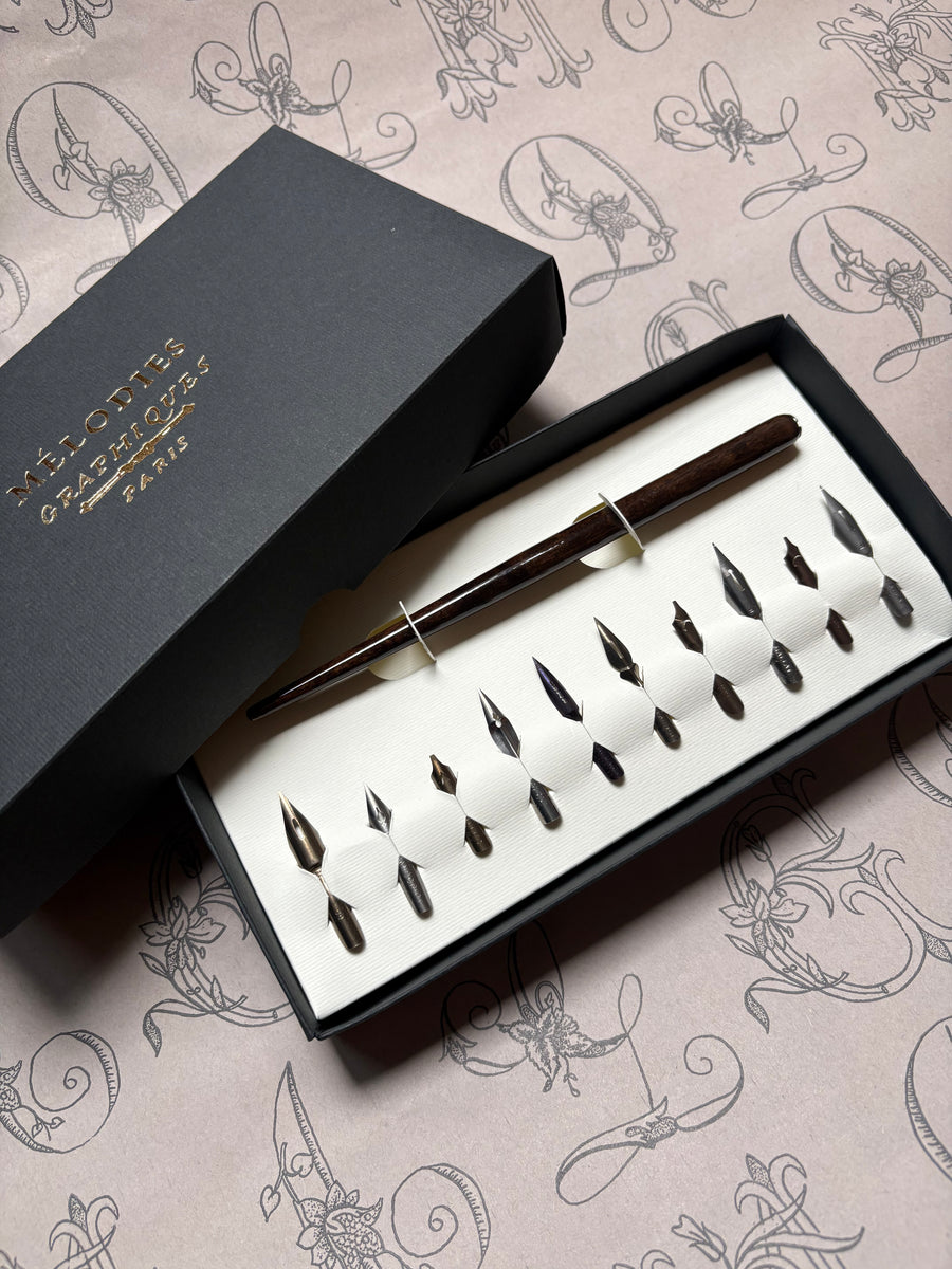 Kit de caligrafia Mélodies Graphiques com porta-pena de madeira e 10 penas
