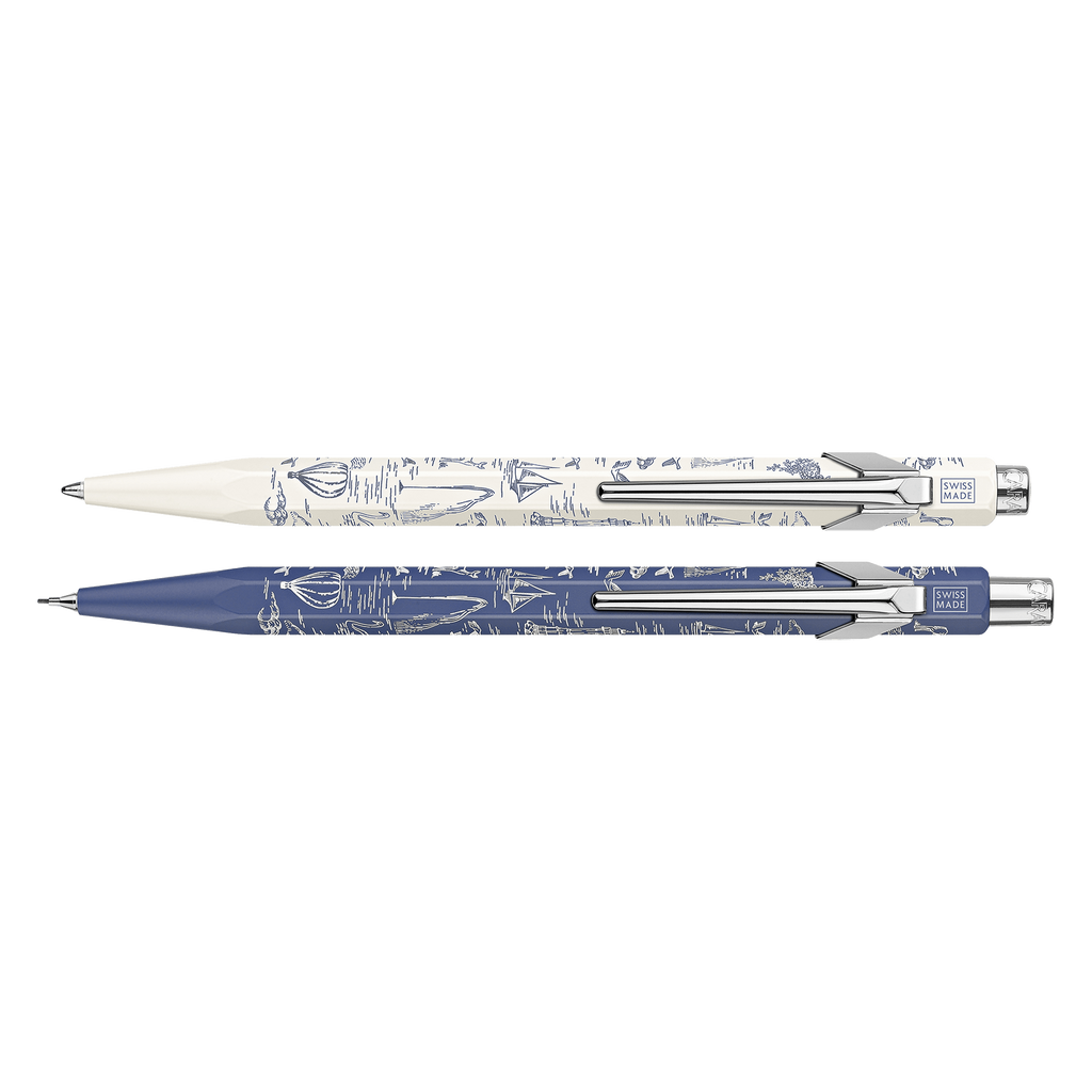 Caran d’Ache Toile de Jouy — Kit Caneta 849 e Lapiseira 0,5 mm — Branco e Azul