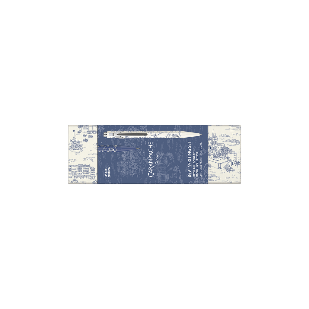 Caran d’Ache Toile de Jouy — Kit Caneta 849 e Lapiseira 0,5 mm — Branco e Azul