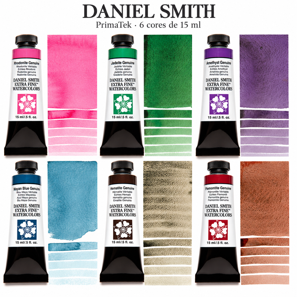 Kit Daniel Smith PrimaTek: seis tubos de 15 ml nas cores Rhodonite, Jadeite, Amethyst, Mayan Blue, Hematite e Piemontite, com amostras de cada cor