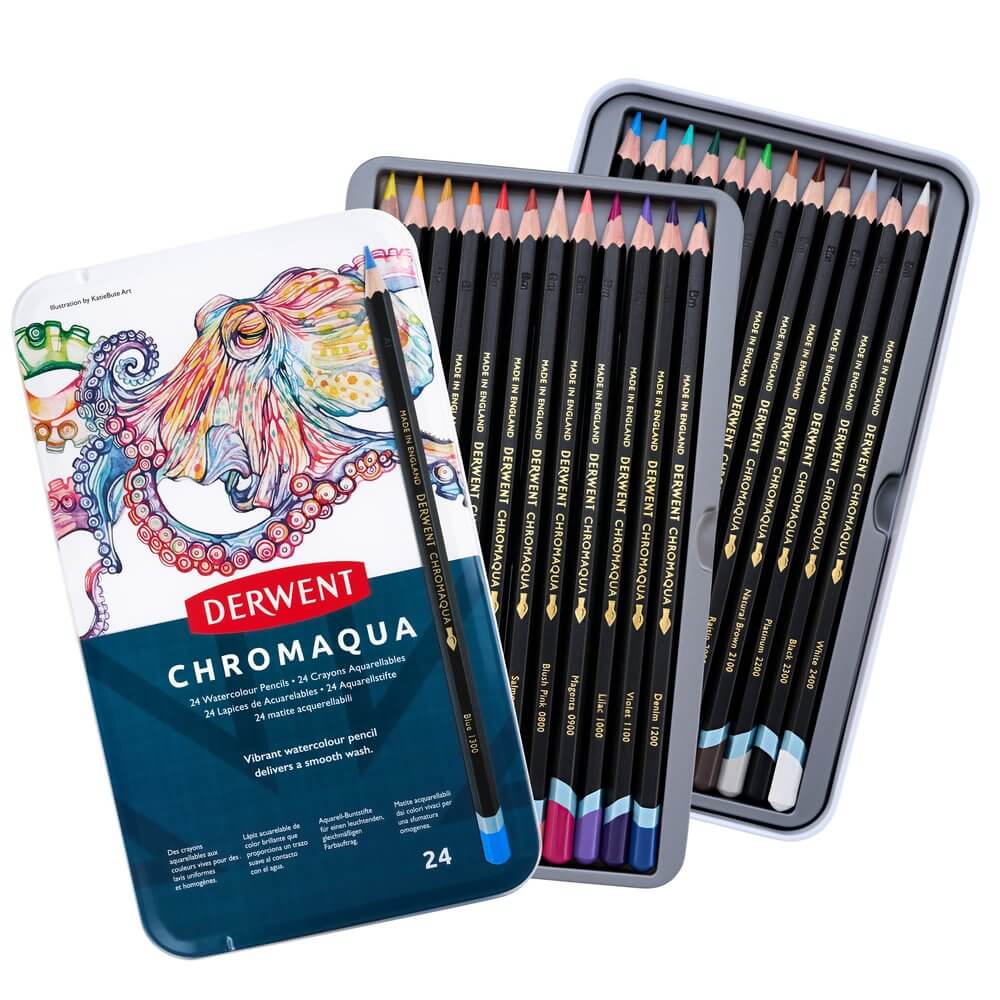 Lata aberta Derwent Chromaqua com 24 lápis de cor aquareláveis