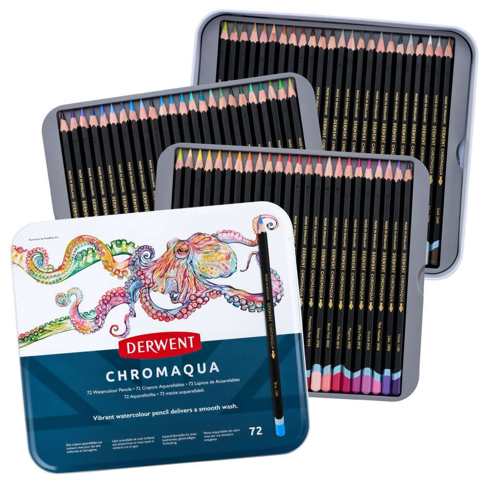 Lata aberta Derwent Chromaqua com 72 lápis de cor aquareláveis