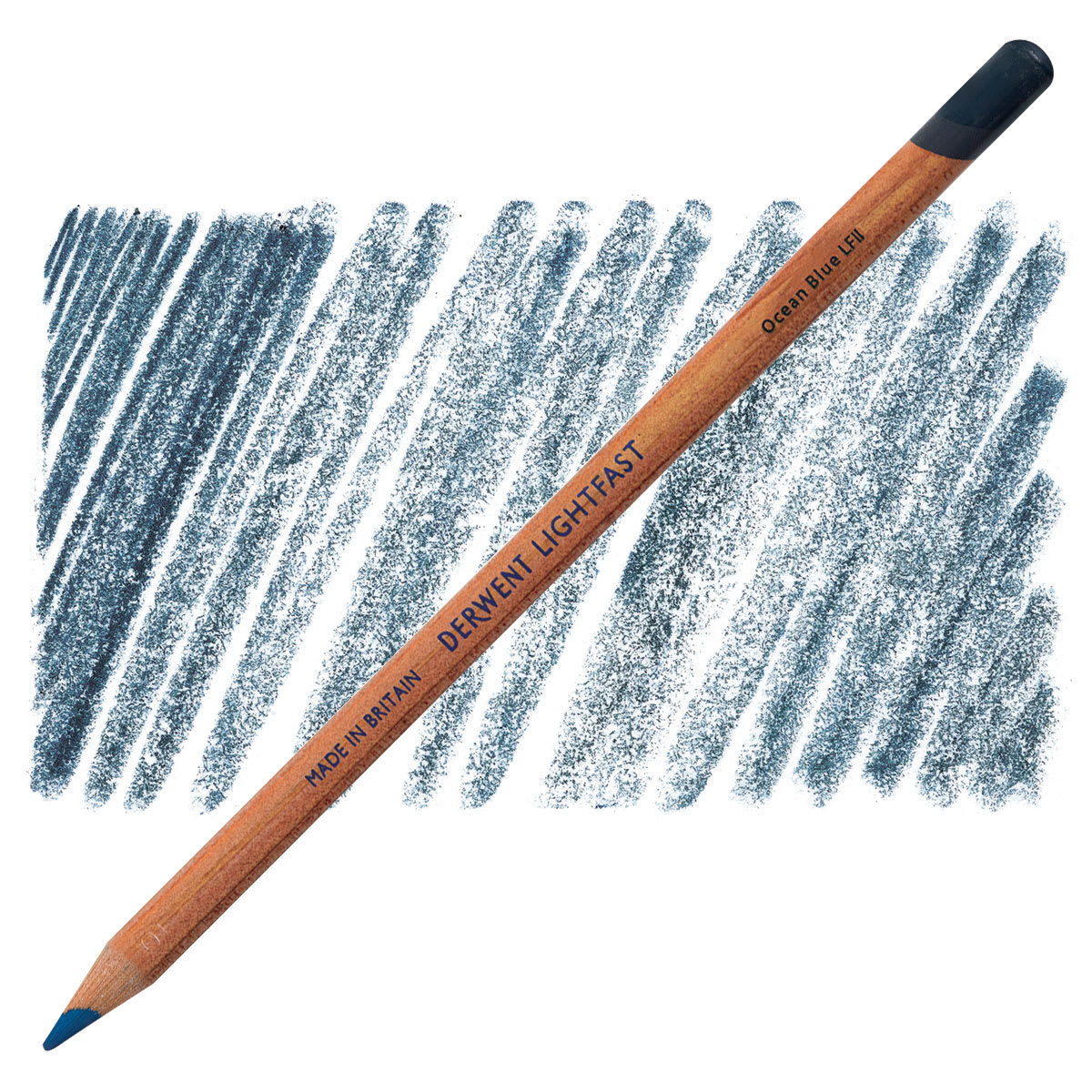 Lápis Derwent Lightfast Ocean Blue e amostra da cor
