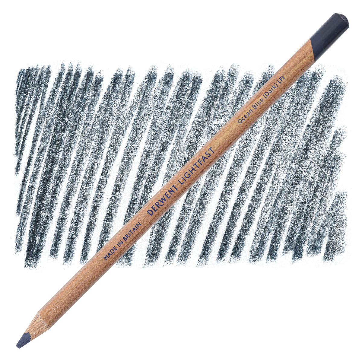 Lápis Derwent Lightfast Ocean Blue Dark e amostra da cor