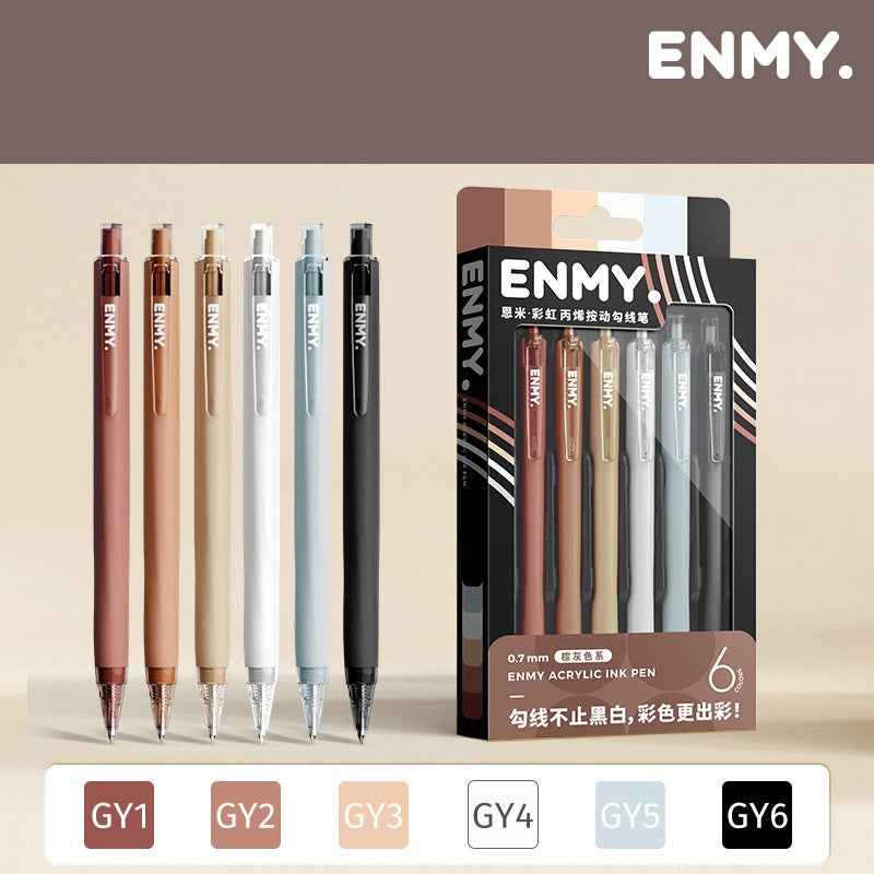 ENMY Rainbow: kit com 6 canetas 0,7 mm – Castanho Cinzento