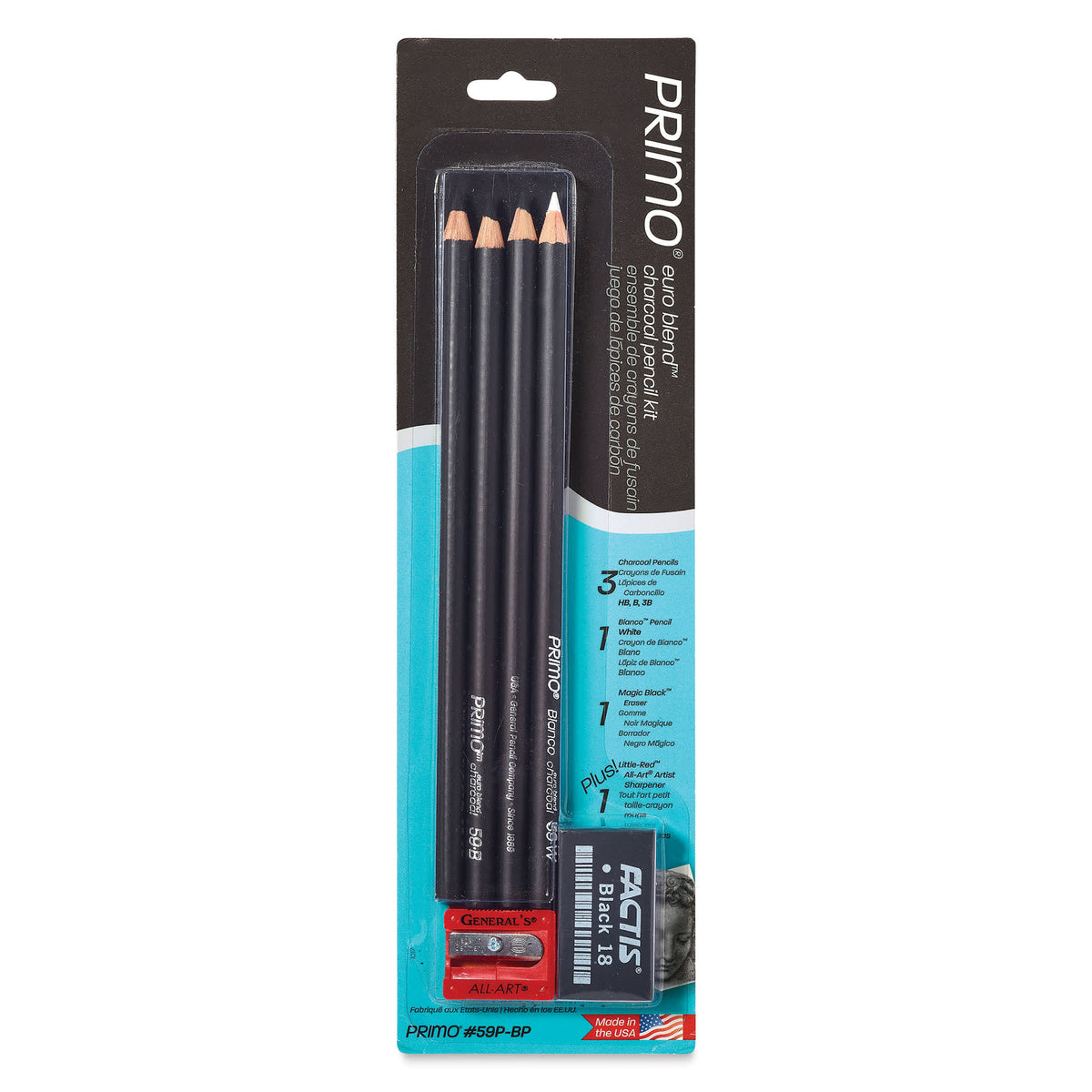 Kit de 6 peças: 4 lápis + borracha + apontador