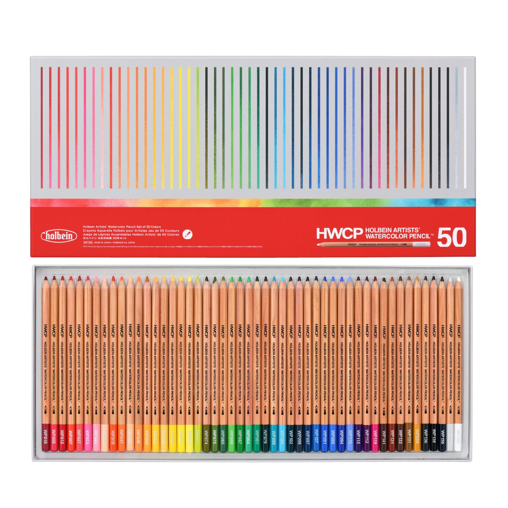 Conjunto Holbein Artists’ Watercolor Pencil com 50 lápis aquareláveis, caixa aberta