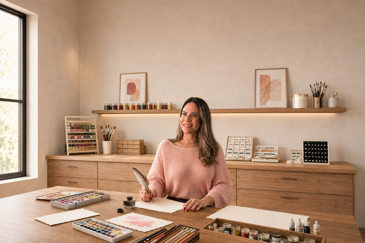 Juliana criando com materiais artísticos no ateliê Podemos Criar Arte