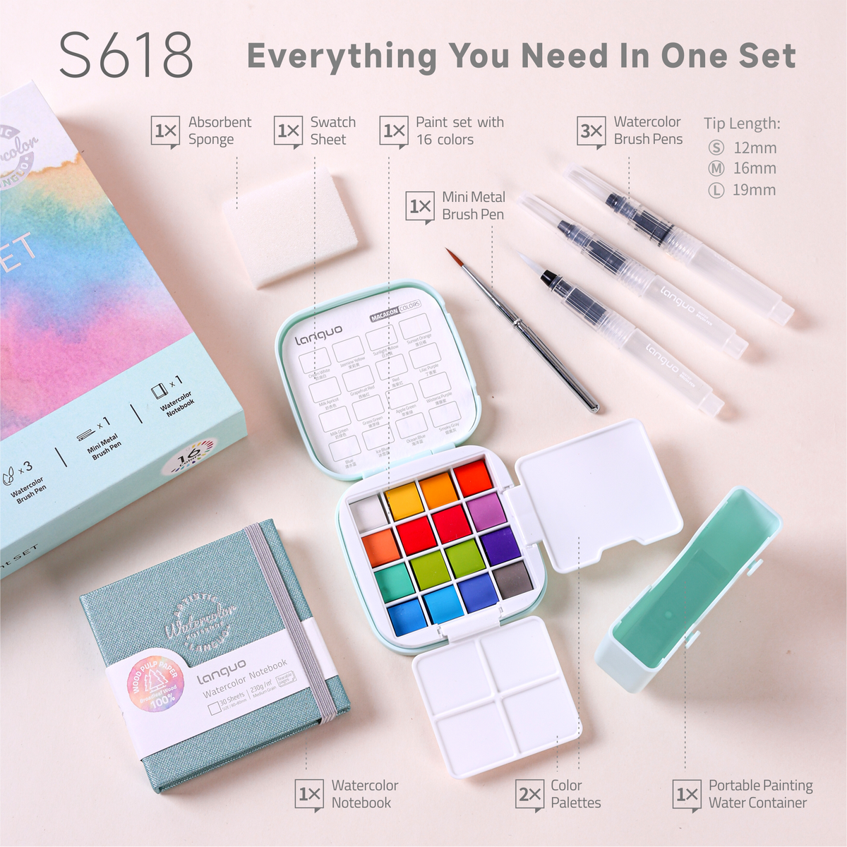 Kit Aquarela Languo Portátil 4 em 1 — 16 Cores Macaron — imagem 4