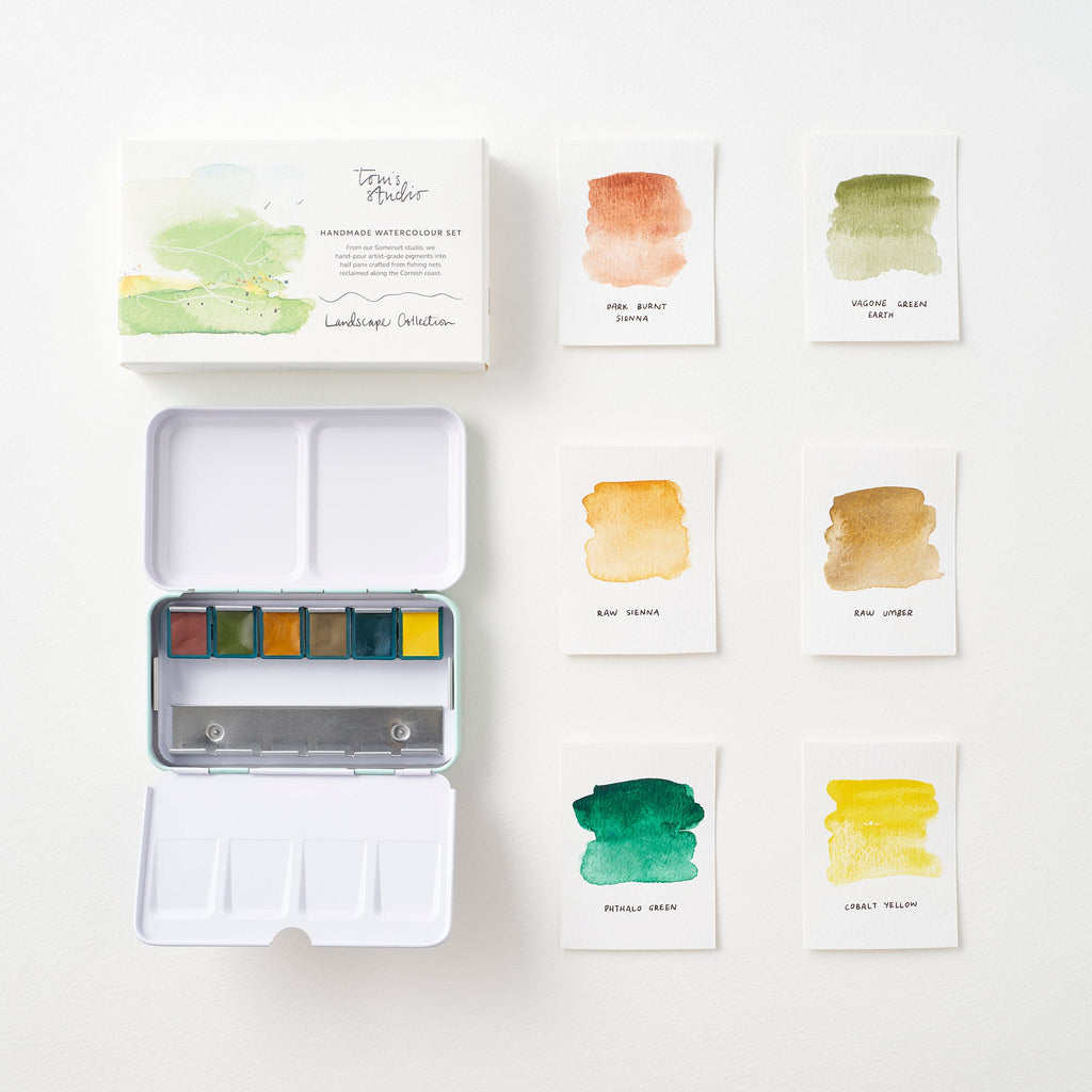 Conjunto de aquarelas Landscape da Tom’s Studio, com estojo aberto e amostras das seis cores