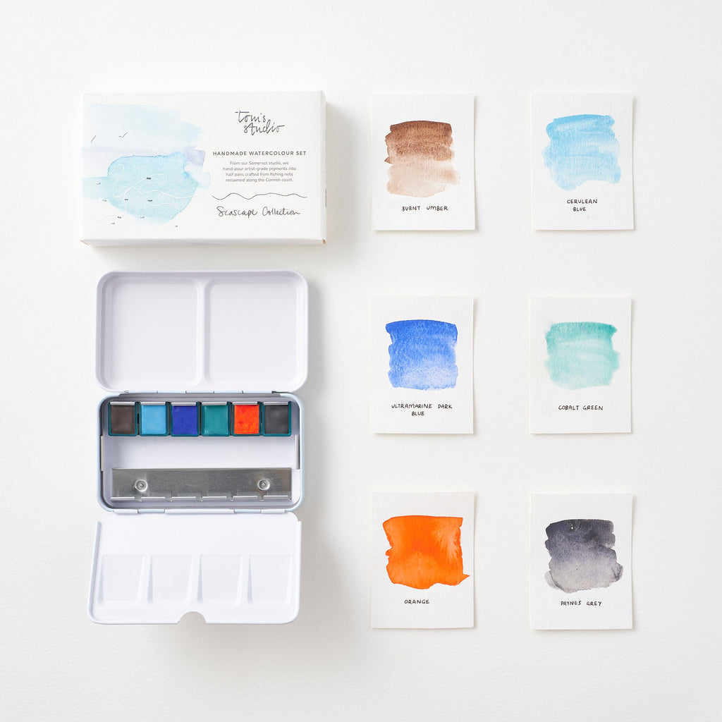 Conjunto de aquarelas Seascape da Tom’s Studio, com estojo aberto e amostras das seis cores